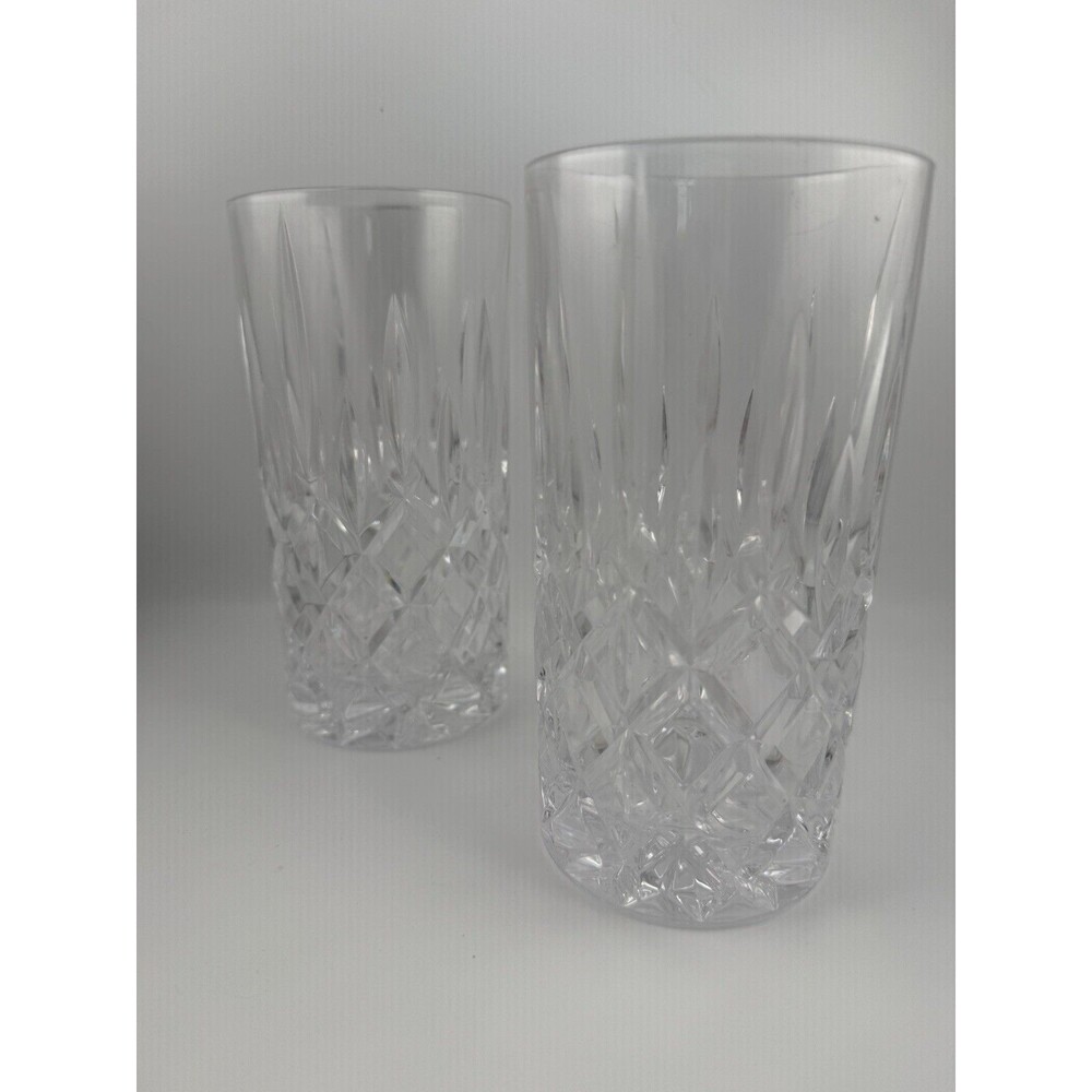 Vintage Pair Hand Cut Lead Crystal Highball Tumblers 6” Diamond & Olive Czech